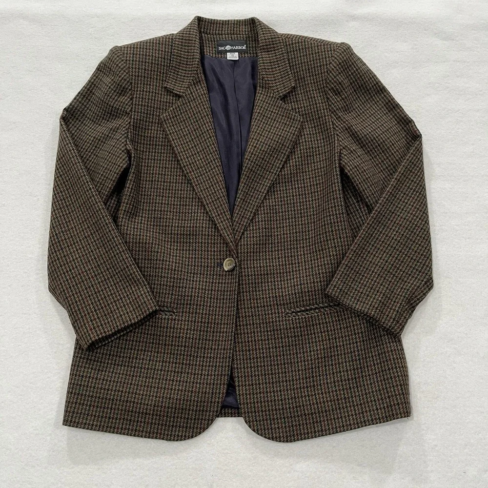 Sag Harbor Vintage Wool Blend Houndstooth Women's Blazer Jacket Casual Size 12